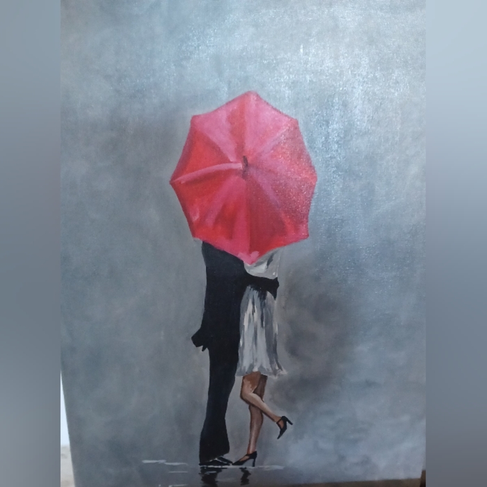 Original Acrylic. Romantic Couple Under Red Umbrella Canvas Art